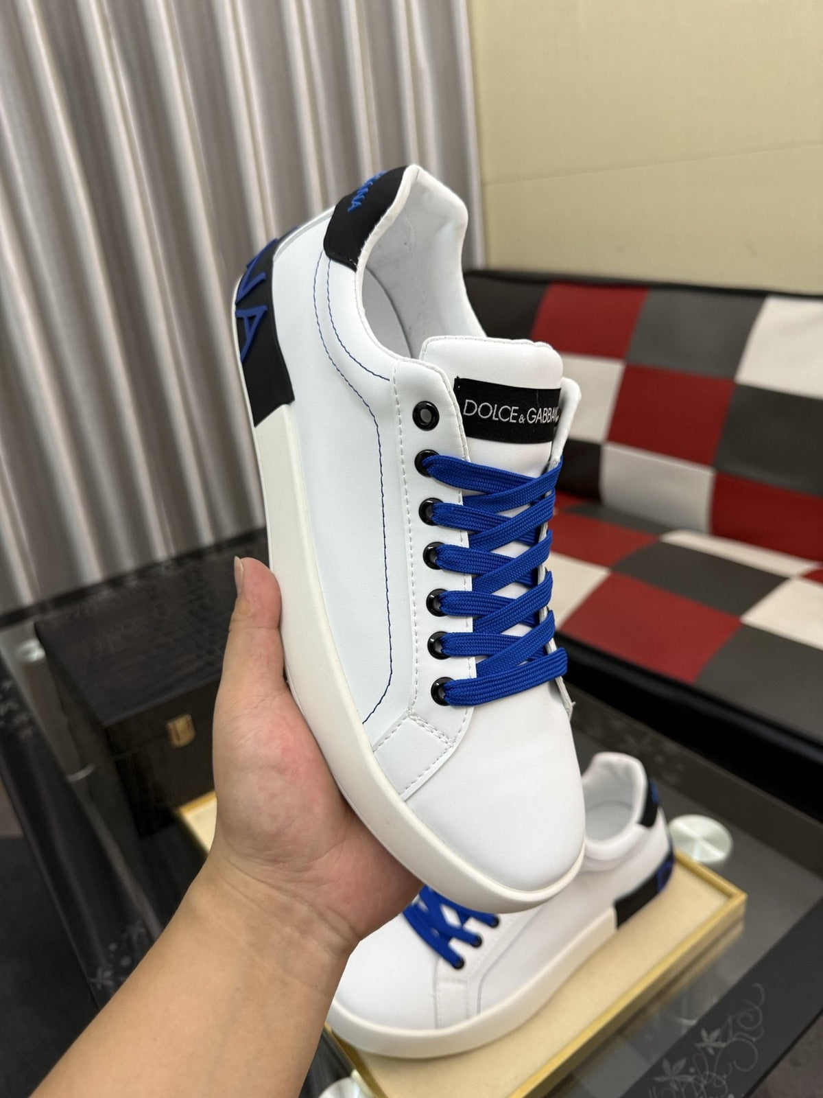 Dolce & Gabbana White Low-Top Sneakers with Blue Laces