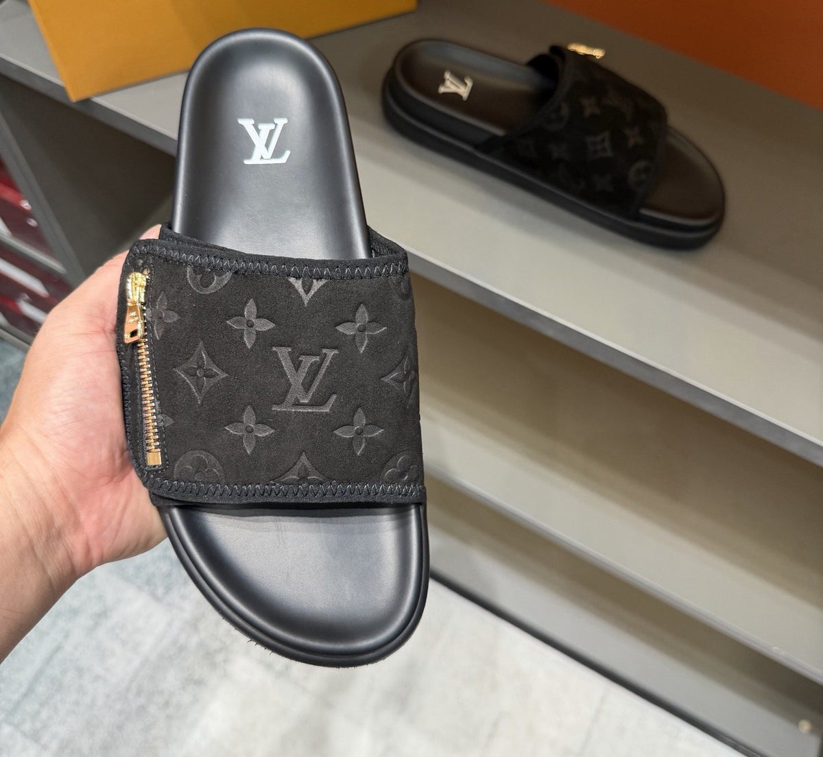 Louis Vuitton Black Monogram Strap Slide Sandals